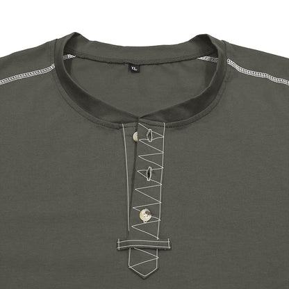 Men’s Henley T-shirt neckline with contrast stitching and button detail 