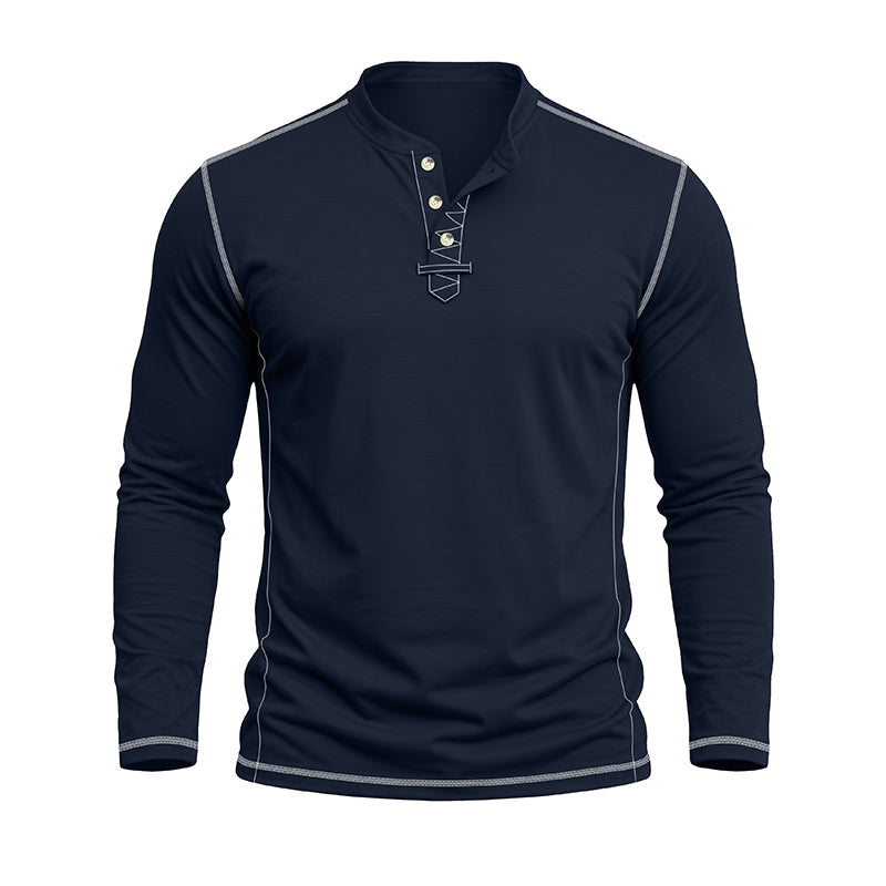 Men’s long sleeve Henley shirt with contrast stitching and three-button placket