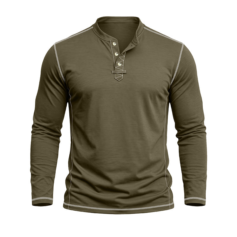Men’sOlive green long sleeve Henley T-shirt with contrast stitching and three-button placket