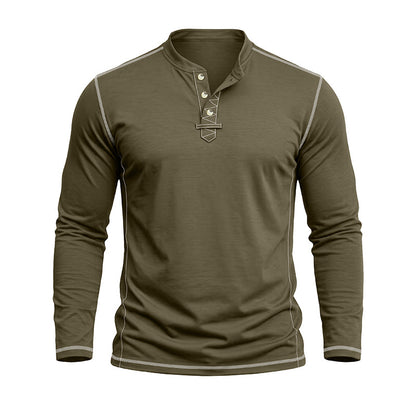 Men’sOlive green long sleeve Henley T-shirt with contrast stitching and three-button placket