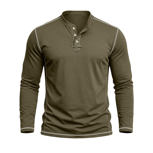 Men’sOlive green long sleeve Henley T-shirt with contrast stitching and three-button placket