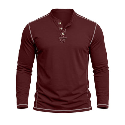 A men's long-sleeve henley shirt in maroon with light gray contrast stitching and a three-button placket, displayed on a ghost mannequin against a plain white background.