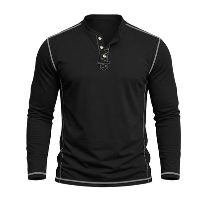 A black long-sleeve henley shirt with light gray contrast stitching and a three-button placket, displayed on a white background.