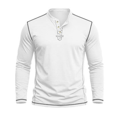 A white long-sleeve henley shirt with a mock neck, three-button placket, and thin gray piping details along the shoulders, chest, and cuffs, shown on a plain white background.