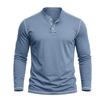 A men's long-sleeve henley shirt in heathered light blue, featuring a three-button placket with gold-colored buttons and subtle light gray piping details along the shoulders and cuffs.